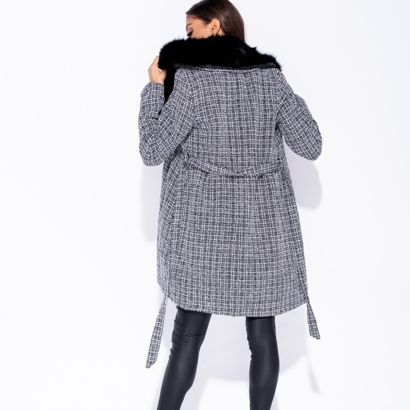 SALE! LAST 1! Plaid Fur Collar Trench Coat Jacket - Picture 2 of 8